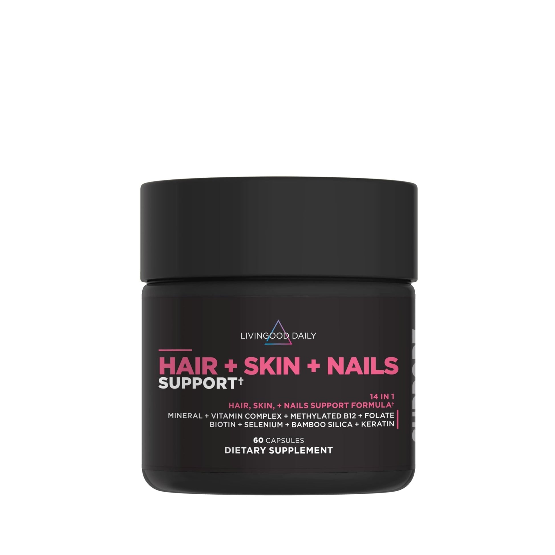 Livingood Daily Hair, Skin & Nails Supplement, 14-in-1 Formula with Biotin, Collagen, Keratin, Bamboo, Selenium, Folate, B12, Zinc and More, Beauty Supplement for Women & Men, Gluten Free, 60 Capsules - dailyvitalstore