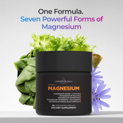 Livingood Daily Magnesium Supplement with Magnesium Glycinate, Citrate, Malate, Oxide, Aspartate, Amino Acid Complex and Chicory Root for Heart Health, Sleep and Muscle Support, 300mg, 60 Capsules - dailyvitalstore