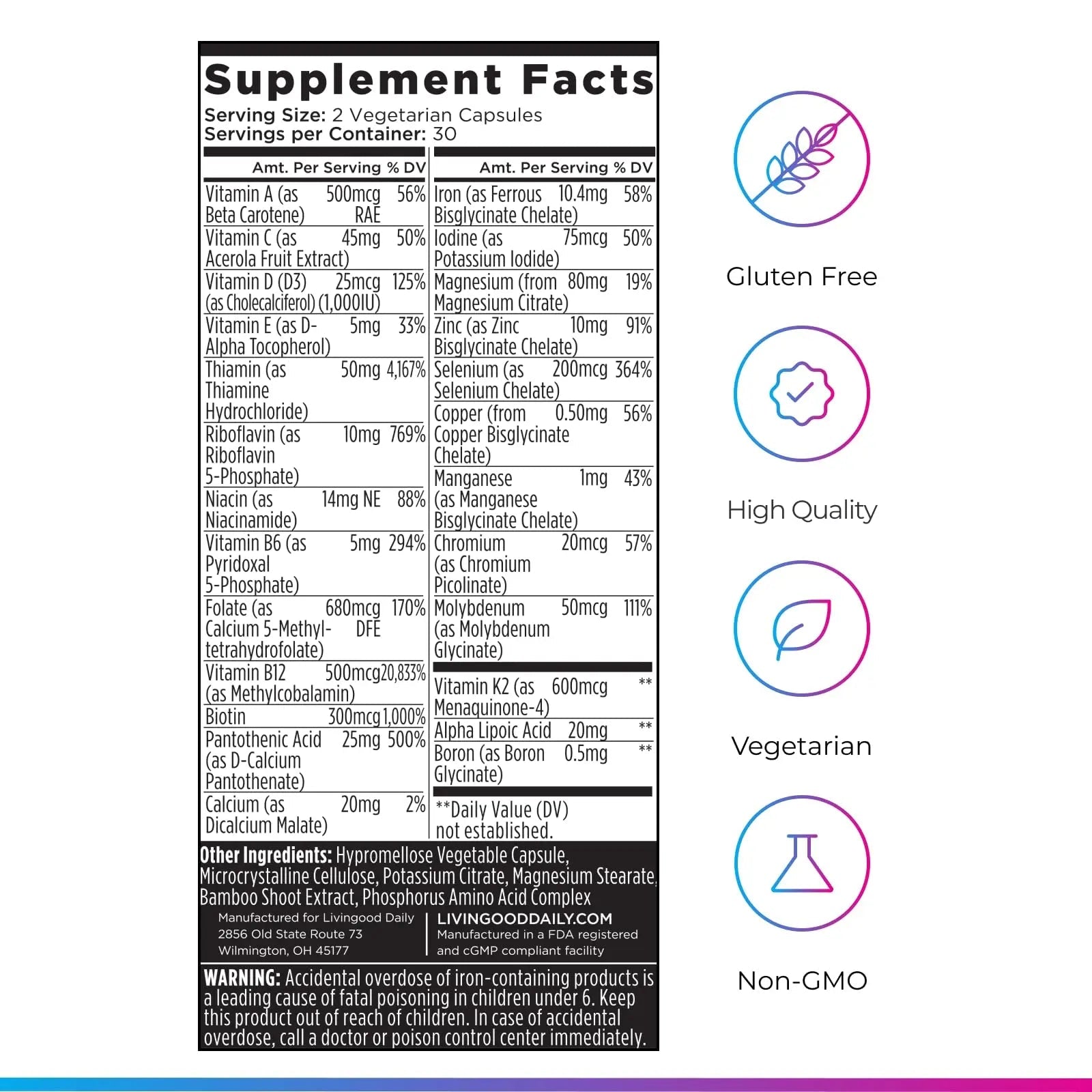 Livingood Daily Methylated Multivitamin for Women and Men, Multi Vitamin Supplement with Alpha Lipoic Acid, B Vitamins, Iron, Zinc and Selenium - dailyvitalstore