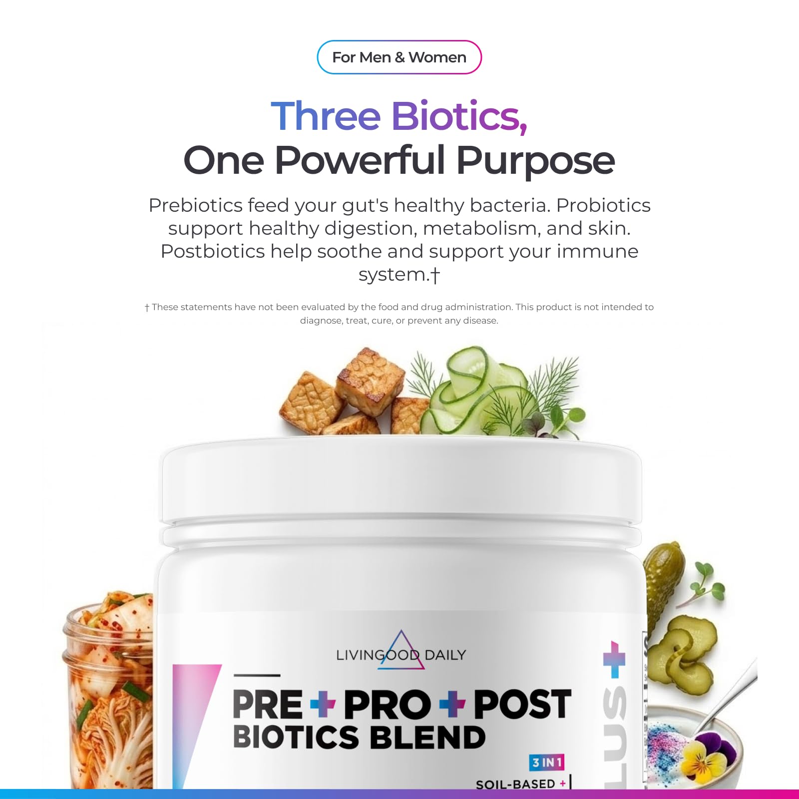 Livingood Daily Pre Pro Post Biotics Blend Powder, Digestive Health Supplement with Prebiotics from Organic Blue Agave Inulin, SBO Probiotics, Probiotics for Women & Men - dailyvitalstore