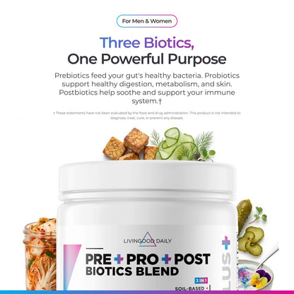 Livingood Daily Pre Pro Post Biotics Blend Powder, Digestive Health Supplement with Prebiotics from Organic Blue Agave Inulin, SBO Probiotics, Probiotics for Women & Men - dailyvitalstore