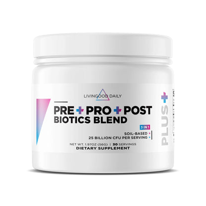 Livingood Daily Pre Pro Post Biotics Blend Powder, Digestive Health Supplement with Prebiotics from Organic Blue Agave Inulin, SBO Probiotics, Probiotics for Women & Men - dailyvitalstore