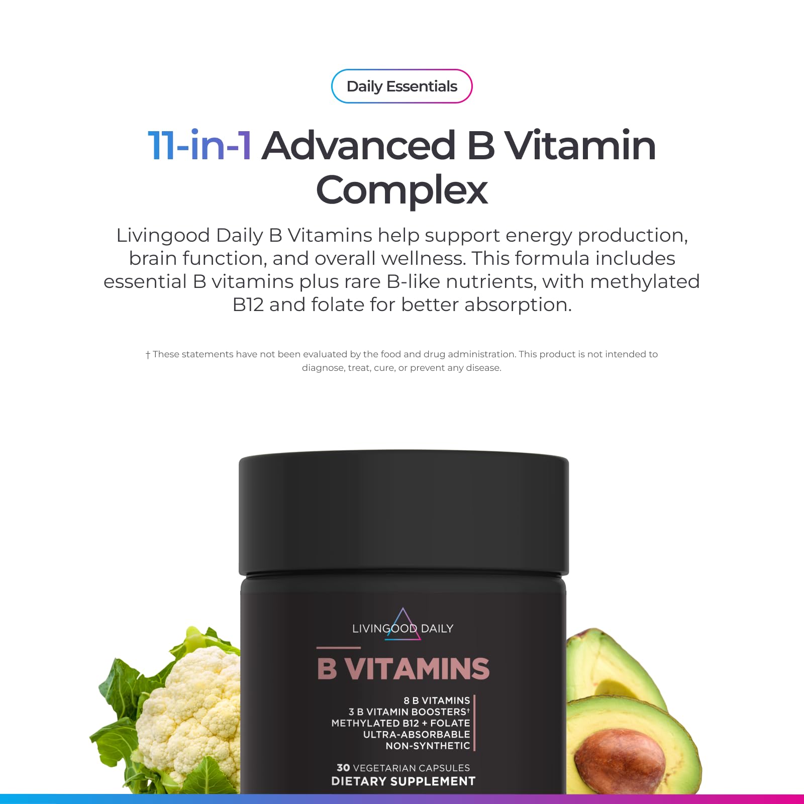 Livingood Daily Vitamin B Complex Capsules for Men and Women, Methylated B12 & Folate, 11 Active Forms Including B1 B2 B3 B5 B6 & Biotin, Gluten Free - dailyvitalstore