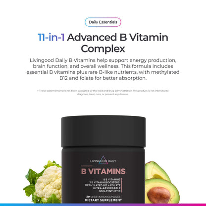 Livingood Daily Vitamin B Complex Capsules for Men and Women, Methylated B12 & Folate, 11 Active Forms Including B1 B2 B3 B5 B6 & Biotin, Gluten Free - dailyvitalstore