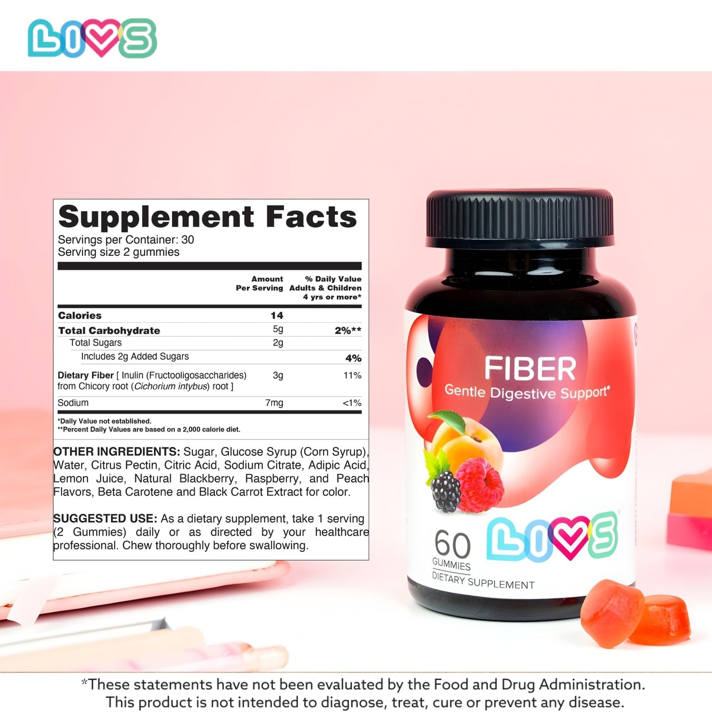 LIVS Fiber Gummies for Adults – Promote Digestive Support & Regularity | Gut Health & Smooth Digestion | Plant-Based Prebiotic | Non-GMO Fiber Supplement - dailyvitalstore