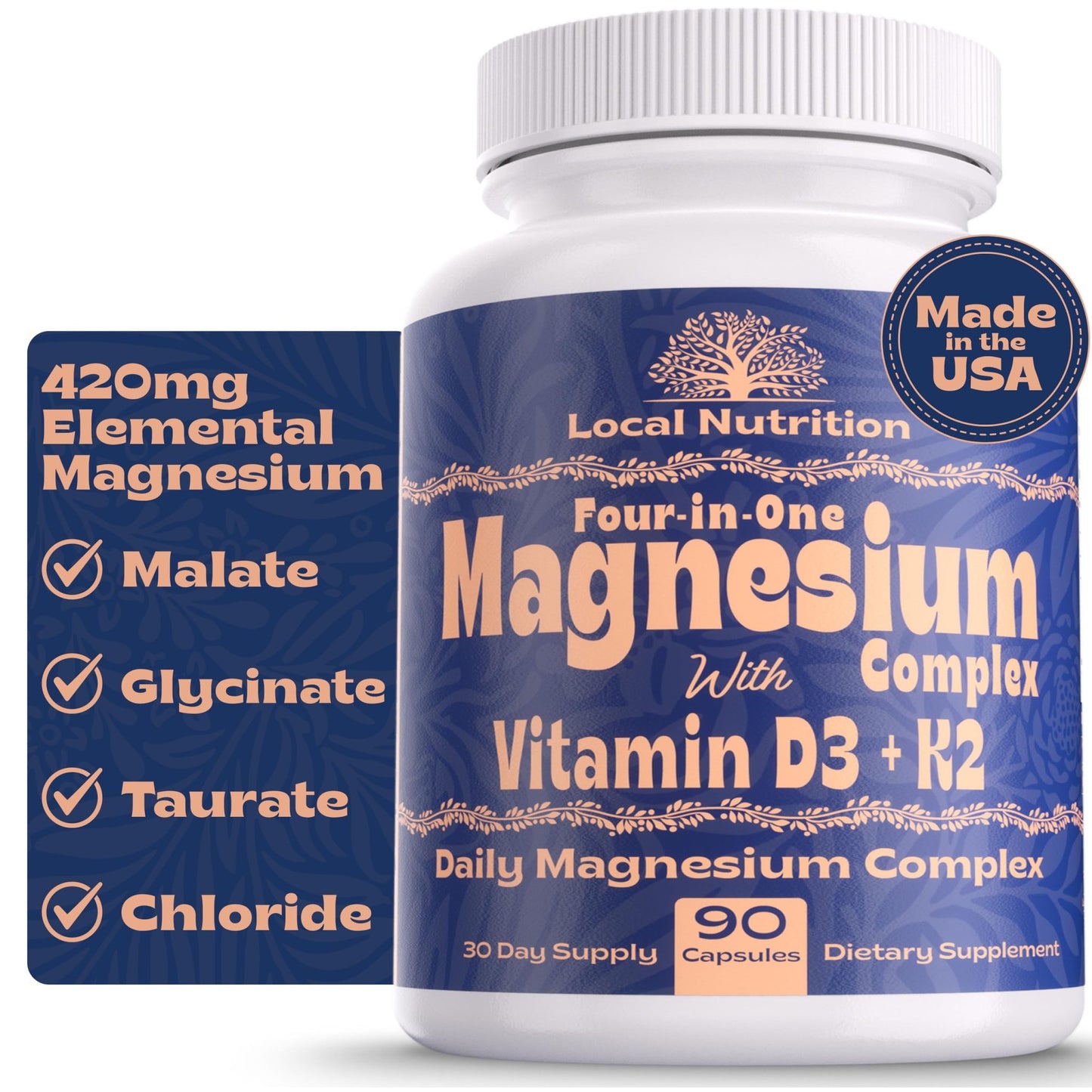 Local Nutrition Magnesium Complex 420mg with Vitamin D3 K2 - Four Bioavailable Forms Including Bisglycinate (Glycinate), Malate, Taurate, and Chloride for Superior Absorption - 90 Capsules Made in USA - dailyvitalstore
