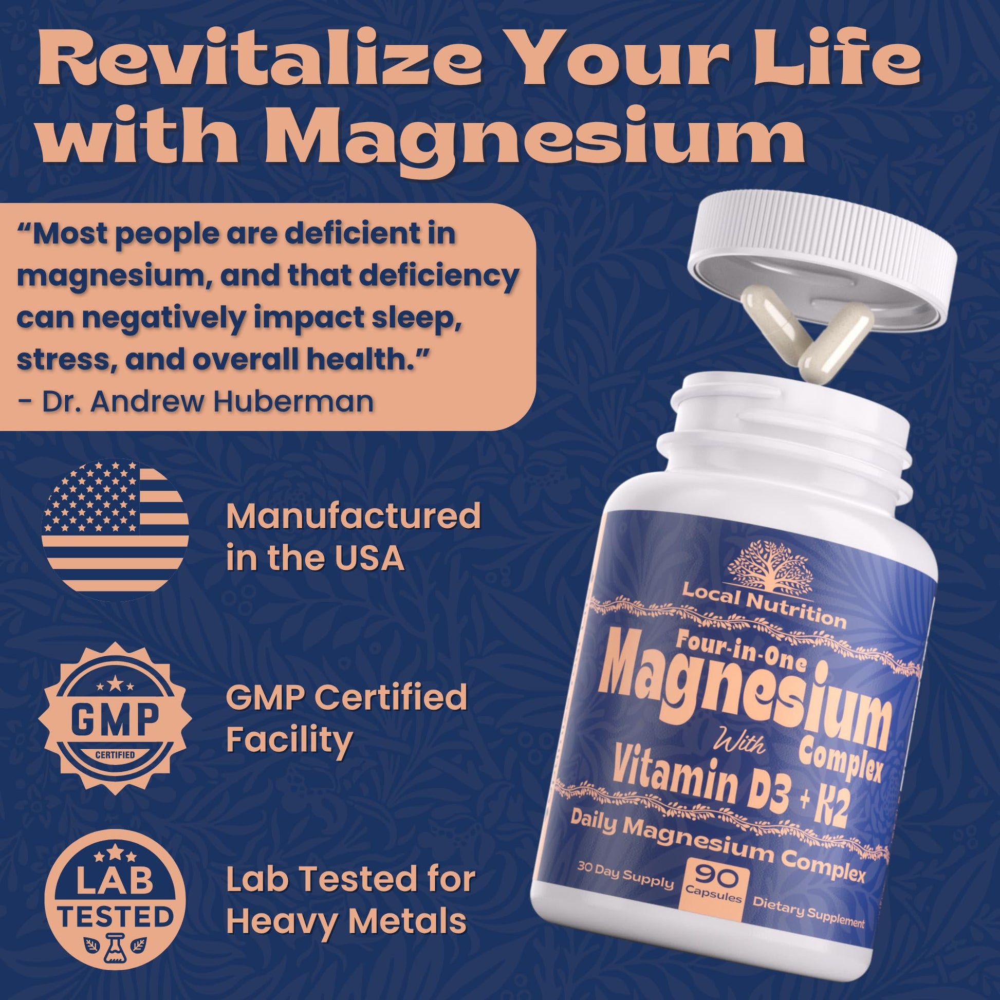 Local Nutrition Magnesium Complex 420mg with Vitamin D3 K2 - Four Bioavailable Forms Including Bisglycinate (Glycinate), Malate, Taurate, and Chloride for Superior Absorption - 90 Capsules Made in USA - dailyvitalstore