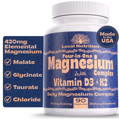 Local Nutrition Magnesium Complex 420mg with Vitamin D3 K2 - Four Bioavailable Forms Including Bisglycinate (Glycinate), Malate, Taurate, and Chloride for Superior Absorption - 90 Capsules Made in USA - dailyvitalstore
