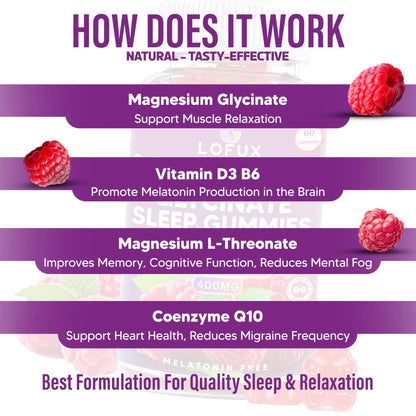 Lofux Magnesium Glycinate Gummies 400mg, Sugar Free Magnesium Gummies for Adults Women, Men, Chewable Supplement Gummy with L-Threonate, Vitamin D, B6, CoQ10 - for Calm, Sleep, Body Relaxation, 120 Ct - dailyvitalstore