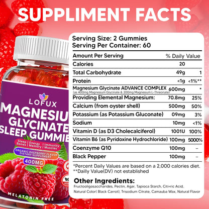 Lofux Magnesium Glycinate Gummies 400mg, Sugar Free Magnesium Gummies for Adults Women, Men, Chewable Supplement Gummy with L-Threonate, Vitamin D, B6, CoQ10 - for Calm, Sleep, Body Relaxation, 120 Ct - dailyvitalstore