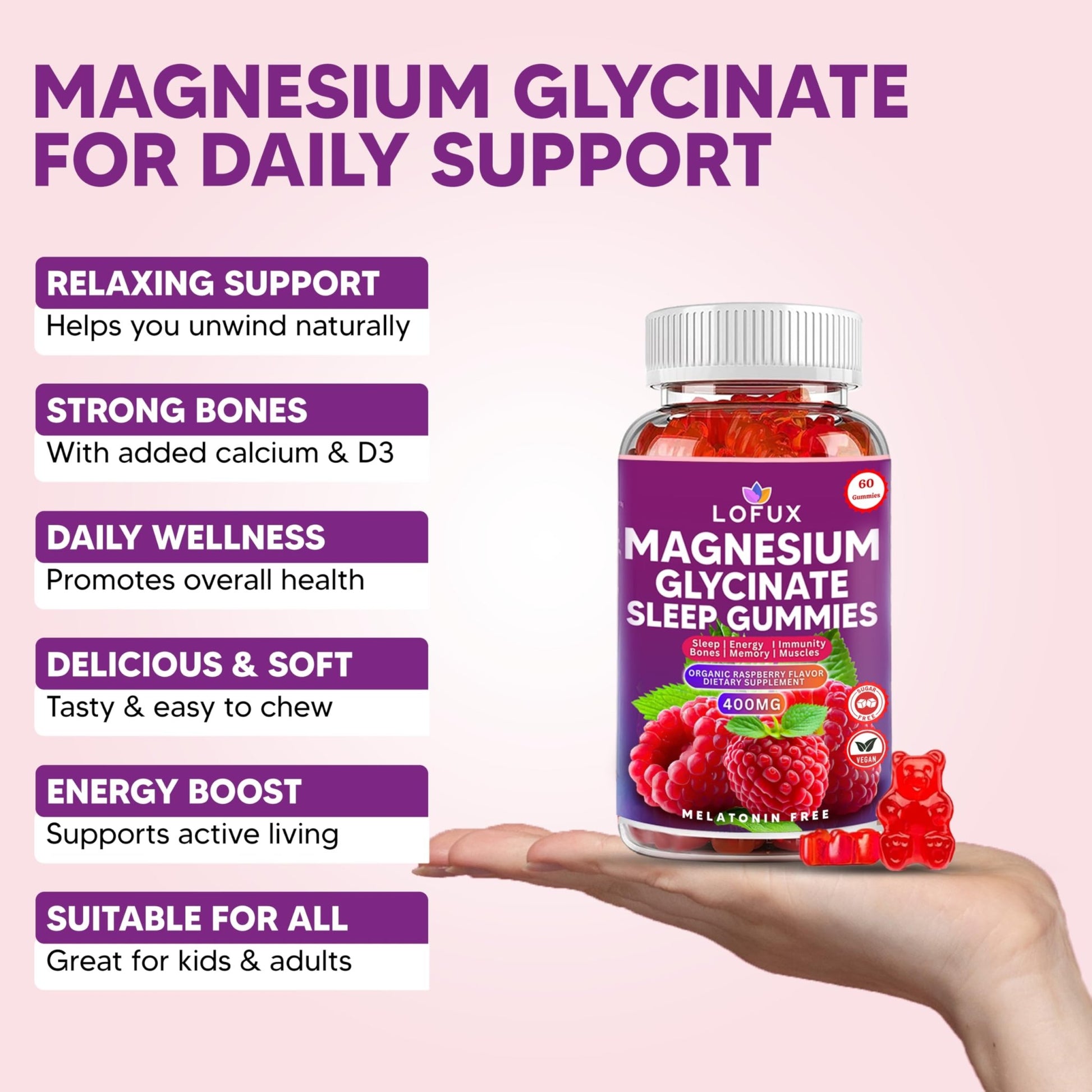 Lofux Magnesium Glycinate Gummies 400mg, Sugar Free Magnesium Gummies for Adults Women, Men, Chewable Supplement Gummy with L-Threonate, Vitamin D, B6, CoQ10 - for Calm, Sleep, Body Relaxation, 120 Ct - dailyvitalstore