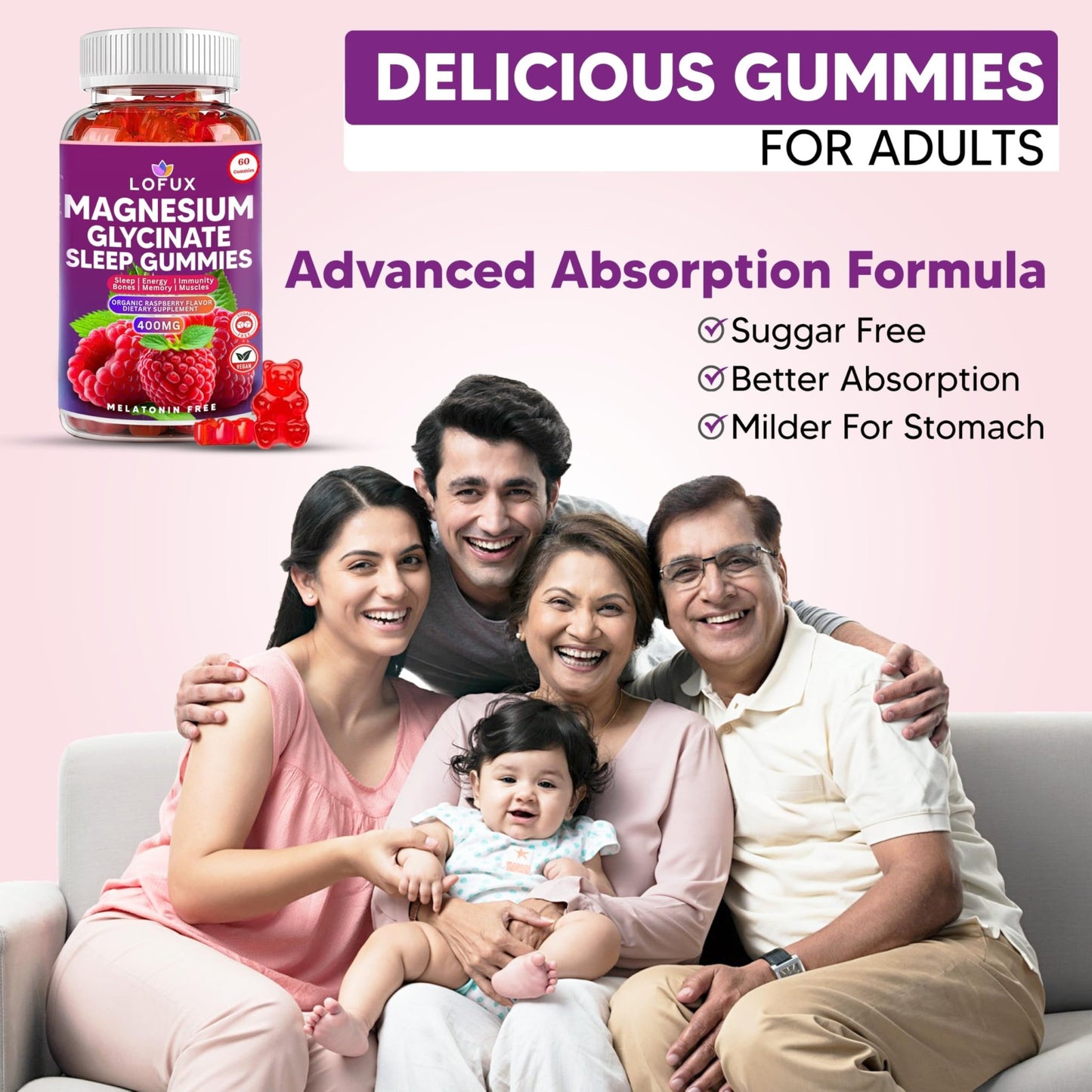 Lofux Magnesium Glycinate Gummies 400mg, Sugar Free Magnesium Gummies for Adults Women, Men, Chewable Supplement Gummy with L-Threonate, Vitamin D, B6, CoQ10 - for Calm, Sleep, Body Relaxation, 120 Ct - dailyvitalstore