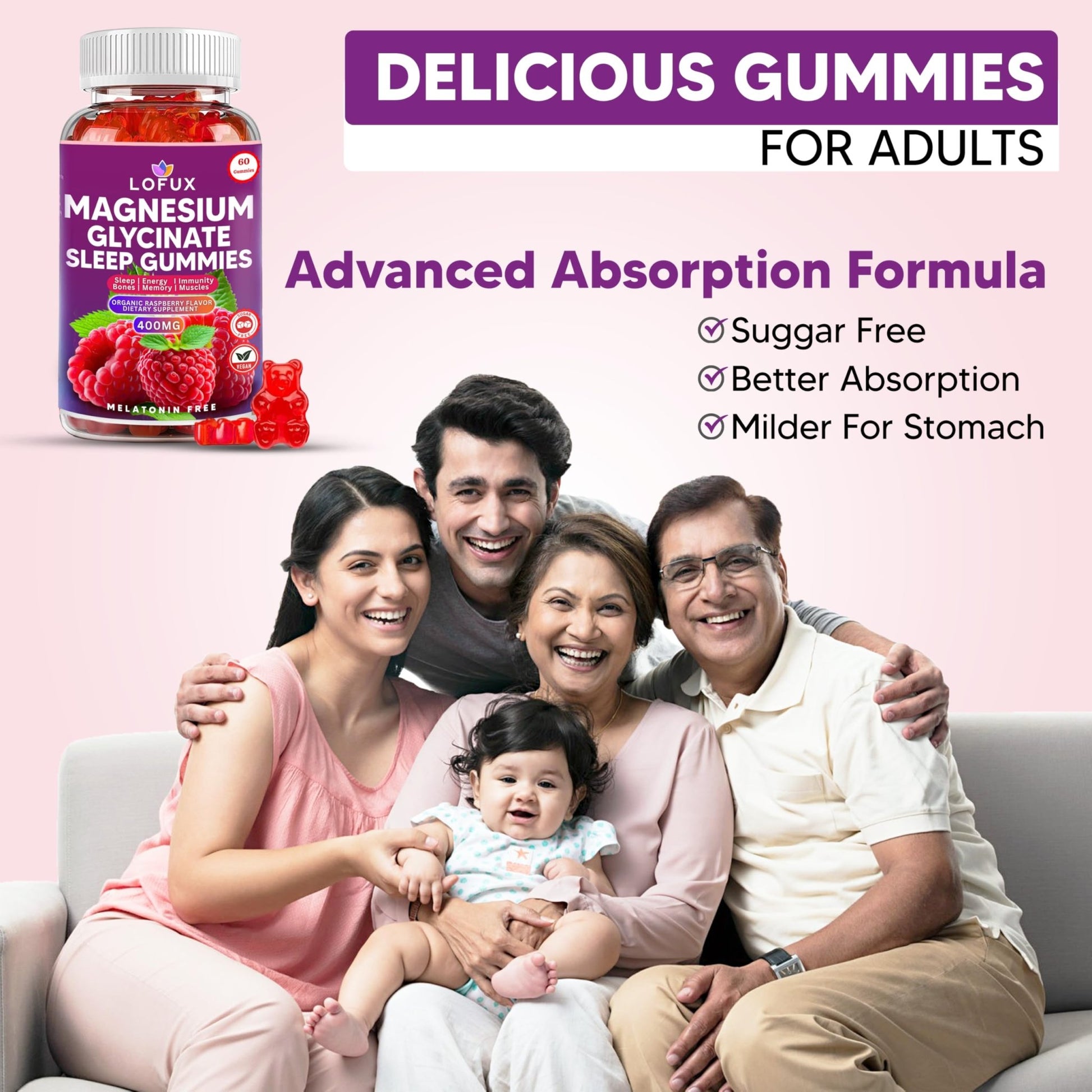 Lofux Magnesium Glycinate Gummies 400mg, Sugar Free Magnesium Gummies for Adults Women, Men, Chewable Supplement Gummy with L-Threonate, Vitamin D, B6, CoQ10 - for Calm, Sleep, Body Relaxation, 120 Ct - dailyvitalstore