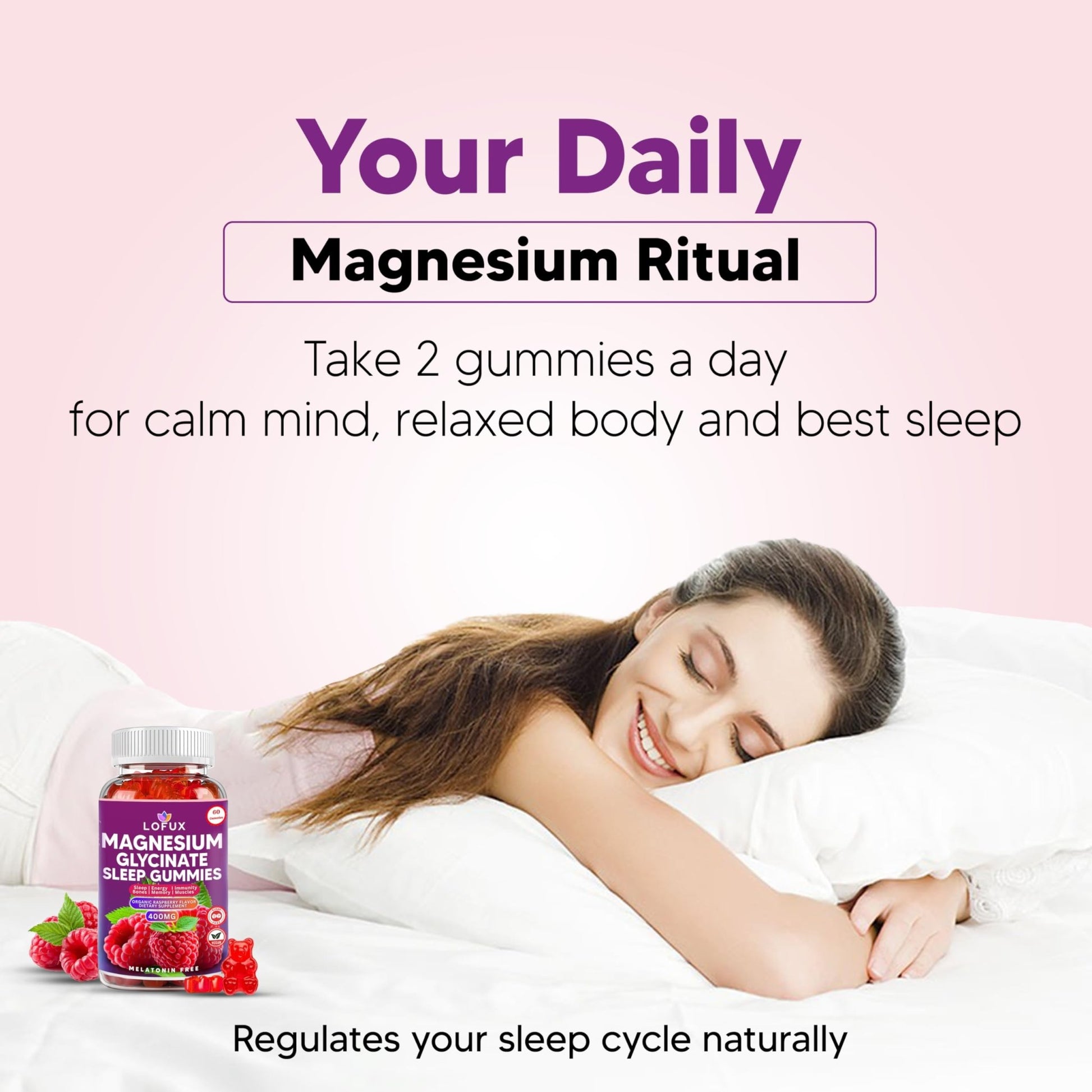 Lofux Magnesium Glycinate Gummies 400mg, Sugar Free Magnesium Gummies for Adults Women, Men, Chewable Supplement Gummy with L-Threonate, Vitamin D, B6, CoQ10 - for Calm, Sleep, Body Relaxation, 120 Ct - dailyvitalstore