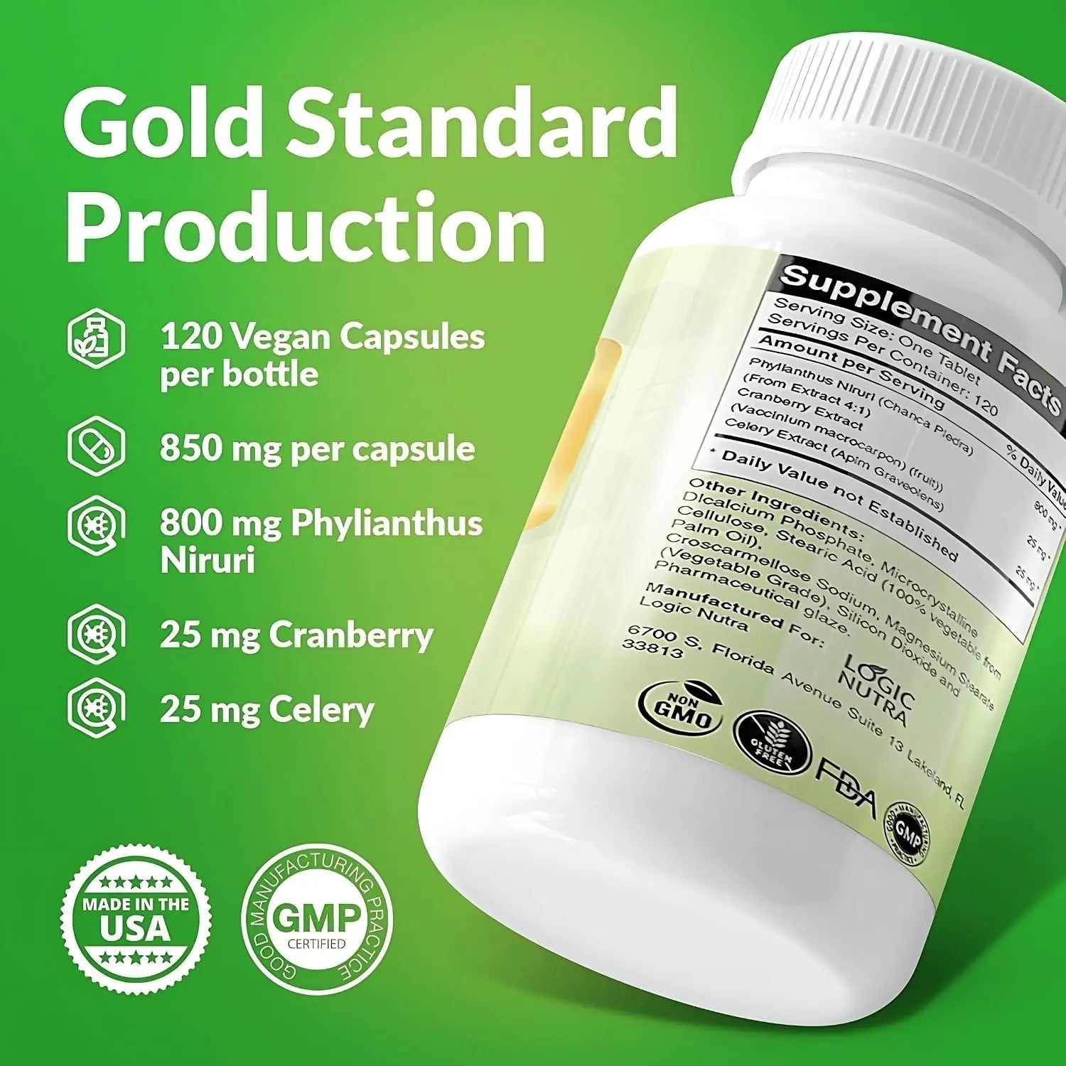 Logic Nutra Chanca Piedra Kidney Stone Breaker 120 Tablets 800 mg - Maximum Strength for Gallbladder & Urinary Cleanse with Phyllantus Niruri, Celery Seed Extract & Cranberry Extract - dailyvitalstore