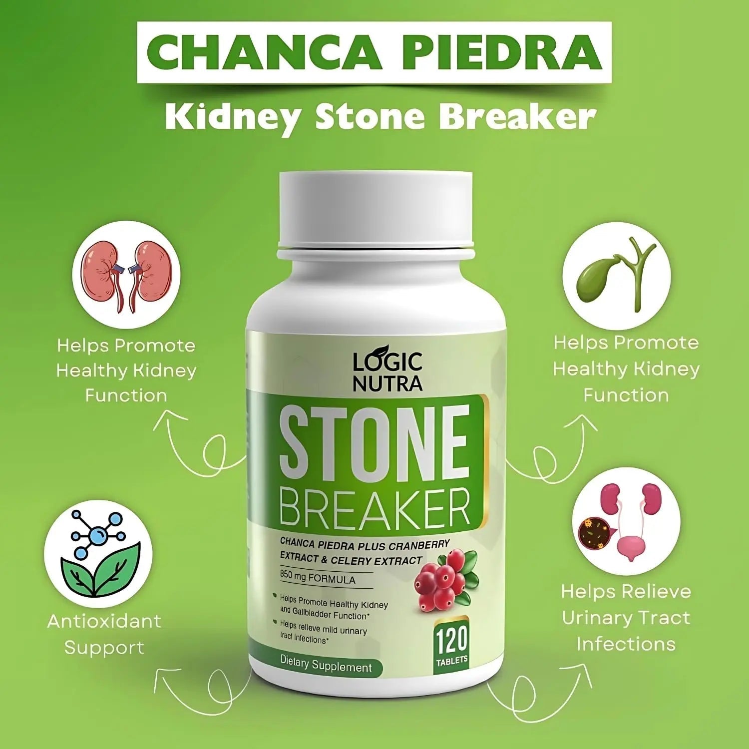 Logic Nutra Chanca Piedra Kidney Stone Breaker 120 Tablets 800 mg - Maximum Strength for Gallbladder & Urinary Cleanse with Phyllantus Niruri, Celery Seed Extract & Cranberry Extract - dailyvitalstore