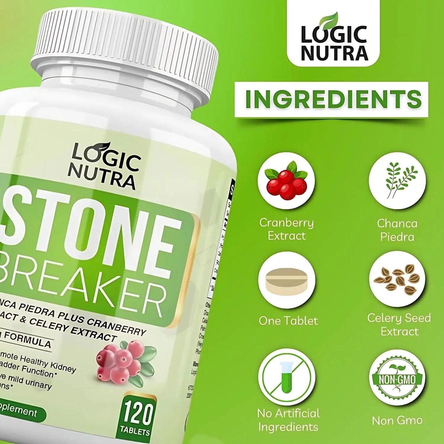Logic Nutra Chanca Piedra Kidney Stone Breaker 120 Tablets 800 mg - Maximum Strength for Gallbladder & Urinary Cleanse with Phyllantus Niruri, Celery Seed Extract & Cranberry Extract - dailyvitalstore