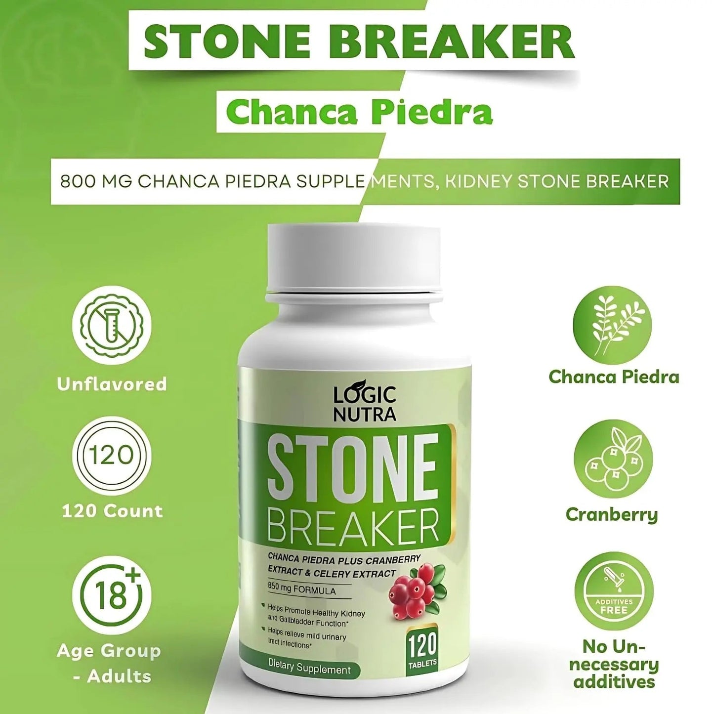 Logic Nutra Chanca Piedra Kidney Stone Breaker 120 Tablets 800 mg - Maximum Strength for Gallbladder & Urinary Cleanse with Phyllantus Niruri, Celery Seed Extract & Cranberry Extract - dailyvitalstore