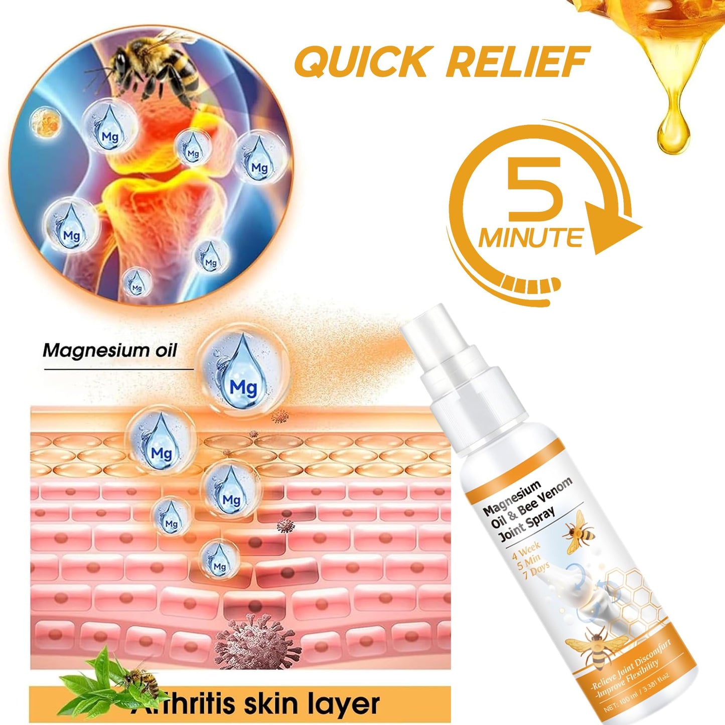 Loicwoo Magnesium Oil & Bee Venom Joint Spray, Magnesium Spray, Magnesium Joint Sprays for Relax Muscle Joints, Bee Venom Sprays for Back, Knee, Hands, Neck (1 PCS,100ML) - dailyvitalstore