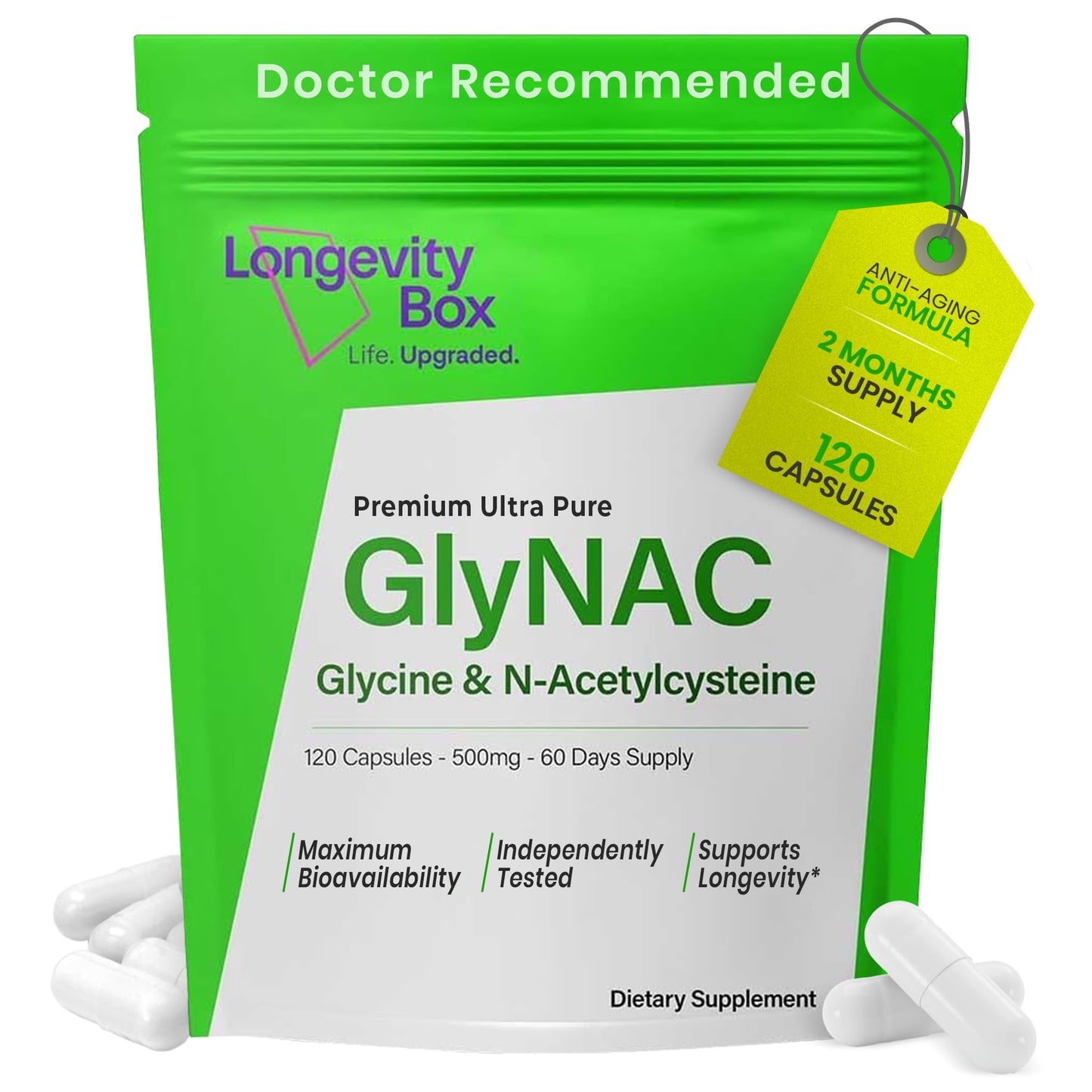 Longevity Box Ultra Pure GlyNAC Supplement 1000mg (500mg Glycine + 500mg N-Acetyl Cysteine) - Glutathione Precursor for Healthy Aging, Energy & Cellular Protection - 120 Vegan Capsules - dailyvitalstore