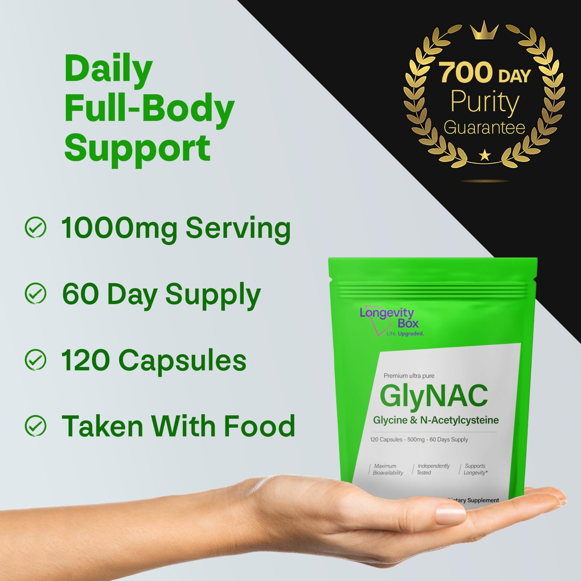 Longevity Box Ultra Pure GlyNAC Supplement 1000mg (500mg Glycine + 500mg N-Acetyl Cysteine) - Glutathione Precursor for Healthy Aging, Energy & Cellular Protection - 120 Vegan Capsules - dailyvitalstore