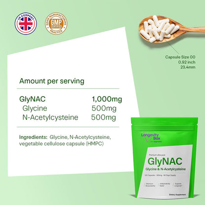Longevity Box Ultra Pure GlyNAC Supplement 1000mg (500mg Glycine + 500mg N-Acetyl Cysteine) - Glutathione Precursor for Healthy Aging, Energy & Cellular Protection - 120 Vegan Capsules - dailyvitalstore