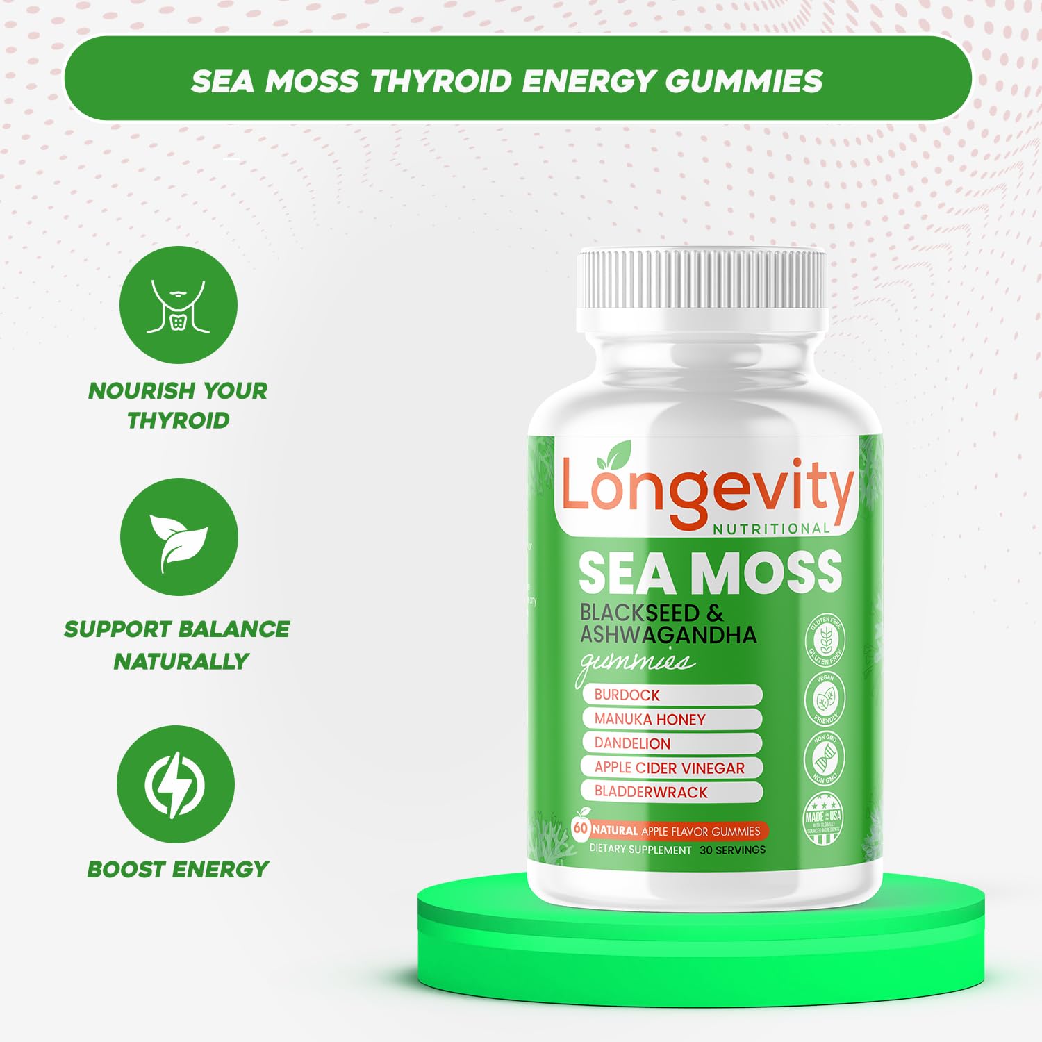 Longevity Nutritional Sea Moss, Thyroid Energy Vitamins Mineral Burdock Manuka Honey Dandelion Apple Cider Bladderwrack Ashwagandha Extract Turmeric Antioxidant Boost Immune Superfood Gummies - dailyvitalstore