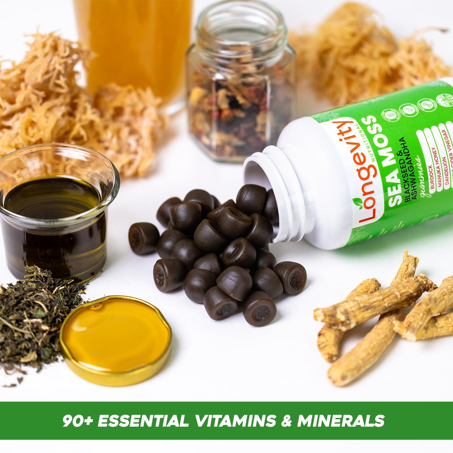 Longevity Nutritional Sea Moss, Thyroid Energy Vitamins Mineral Burdock Manuka Honey Dandelion Apple Cider Bladderwrack Ashwagandha Extract Turmeric Antioxidant Boost Immune Superfood Gummies - dailyvitalstore