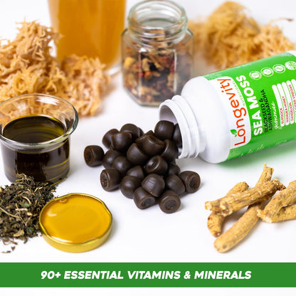 Longevity Nutritional Sea Moss, Thyroid Energy Vitamins Mineral Burdock Manuka Honey Dandelion Apple Cider Bladderwrack Ashwagandha Extract Turmeric Antioxidant Boost Immune Superfood Gummies - dailyvitalstore