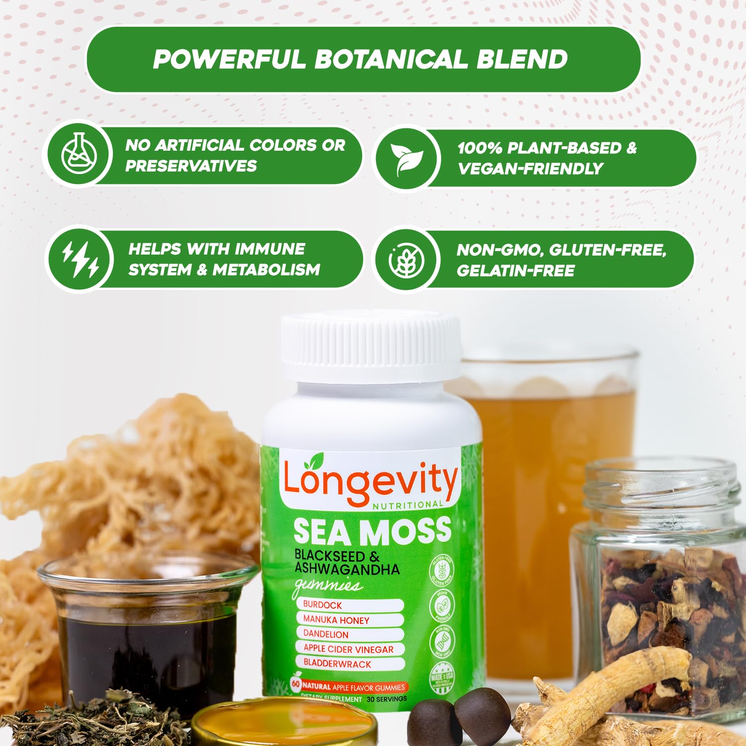 Longevity Nutritional Sea Moss, Thyroid Energy Vitamins Mineral Burdock Manuka Honey Dandelion Apple Cider Bladderwrack Ashwagandha Extract Turmeric Antioxidant Boost Immune Superfood Gummies - dailyvitalstore