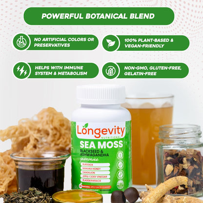 Longevity Nutritional Sea Moss, Thyroid Energy Vitamins Mineral Burdock Manuka Honey Dandelion Apple Cider Bladderwrack Ashwagandha Extract Turmeric Antioxidant Boost Immune Superfood Gummies - dailyvitalstore