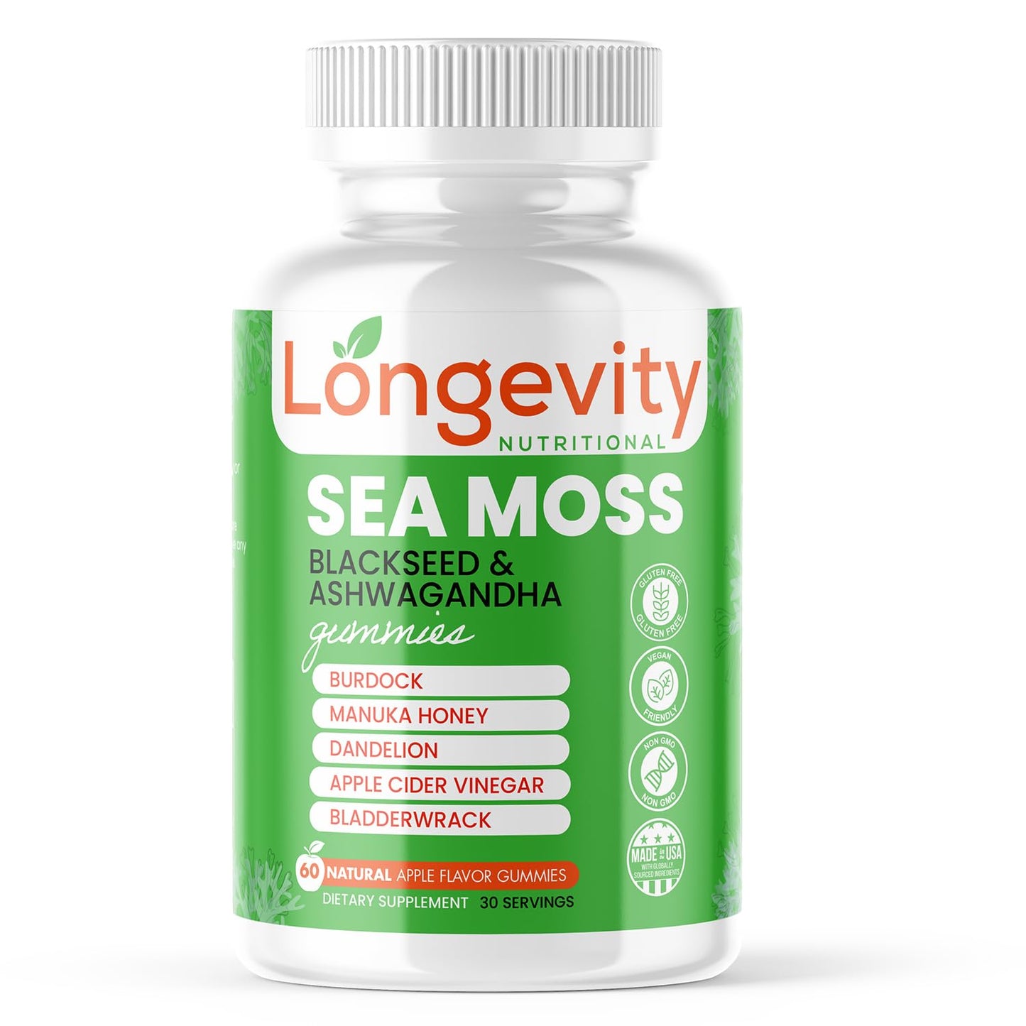 Longevity Nutritional Sea Moss, Thyroid Energy Vitamins Mineral Burdock Manuka Honey Dandelion Apple Cider Bladderwrack Ashwagandha Extract Turmeric Antioxidant Boost Immune Superfood Gummies - dailyvitalstore