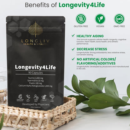 Longevity4Life - Ultimate Cellular Health Supplement - Fisetin, Taurine, Calcium Alpha-Ketoglutarate, and Spermidine Capsules for Longevity and Vitality - Made in USA - Physician Formulated - dailyvitalstore
