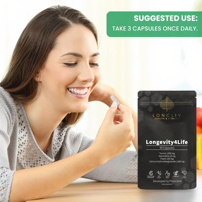 Longevity4Life - Ultimate Cellular Health Supplement - Fisetin, Taurine, Calcium Alpha-Ketoglutarate, and Spermidine Capsules for Longevity and Vitality - Made in USA - Physician Formulated - dailyvitalstore