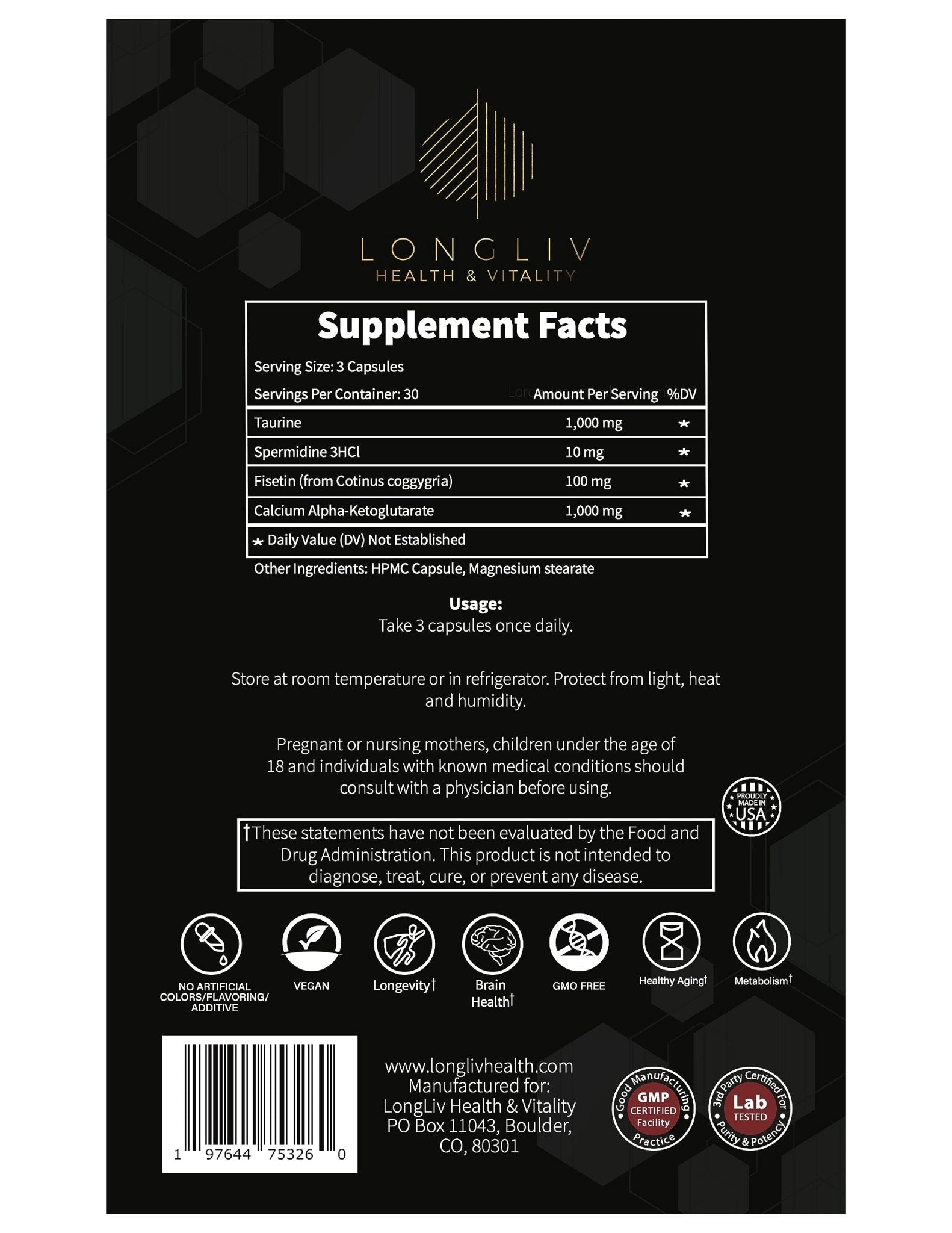 Longevity4Life - Ultimate Cellular Health Supplement - Fisetin, Taurine, Calcium Alpha-Ketoglutarate, and Spermidine Capsules for Longevity and Vitality - Made in USA - Physician Formulated - dailyvitalstore