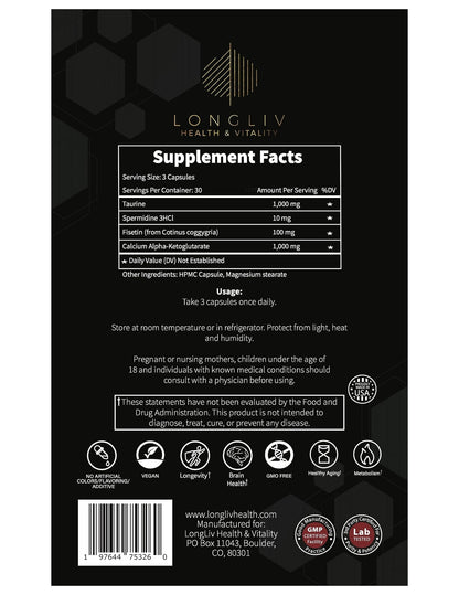 Longevity4Life - Ultimate Cellular Health Supplement - Fisetin, Taurine, Calcium Alpha-Ketoglutarate, and Spermidine Capsules for Longevity and Vitality - Made in USA - Physician Formulated - dailyvitalstore