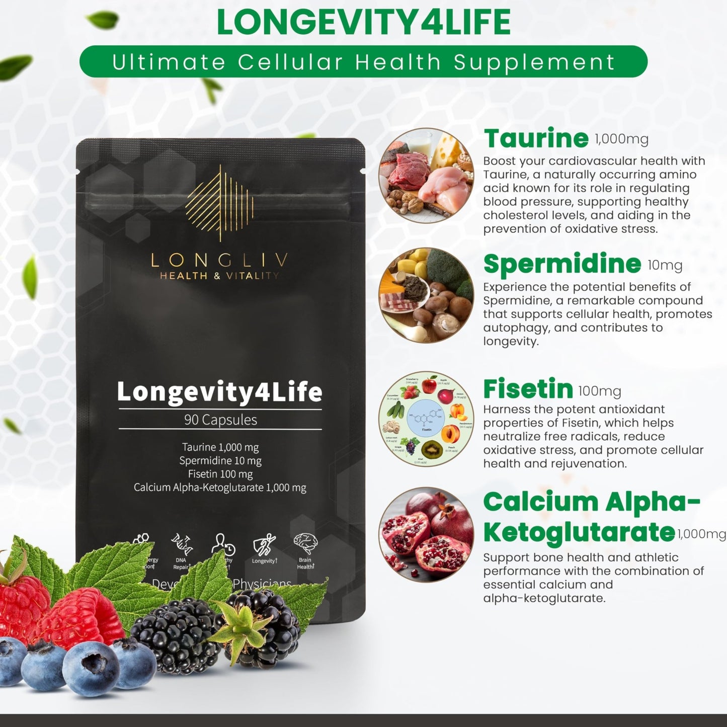Longevity4Life - Ultimate Cellular Health Supplement - Fisetin, Taurine, Calcium Alpha-Ketoglutarate, and Spermidine Capsules for Longevity and Vitality - Made in USA - Physician Formulated - dailyvitalstore