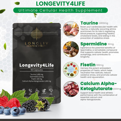 Longevity4Life - Ultimate Cellular Health Supplement - Fisetin, Taurine, Calcium Alpha-Ketoglutarate, and Spermidine Capsules for Longevity and Vitality - Made in USA - Physician Formulated - dailyvitalstore