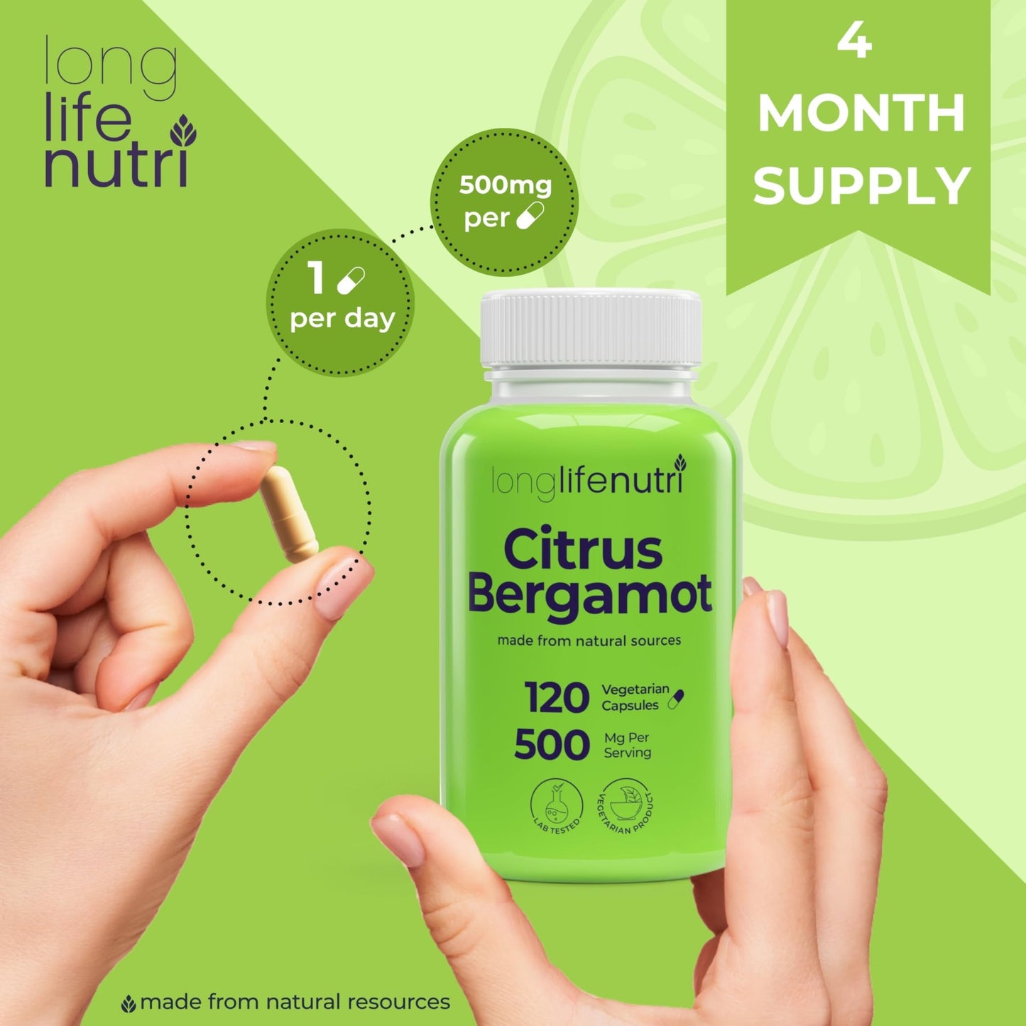 LongLifeNutri Citrus Bergamot Extract 500mg - 120 Vegetarian Capsules, 40% Polyphenolic Flavanones, 4-Month Supply, Plant-Based Anti-Oxidant, Tested, Made in USA - dailyvitalstore