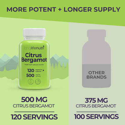 LongLifeNutri Citrus Bergamot Extract 500mg - 120 Vegetarian Capsules, 40% Polyphenolic Flavanones, 4-Month Supply, Plant-Based Anti-Oxidant, Tested, Made in USA - dailyvitalstore