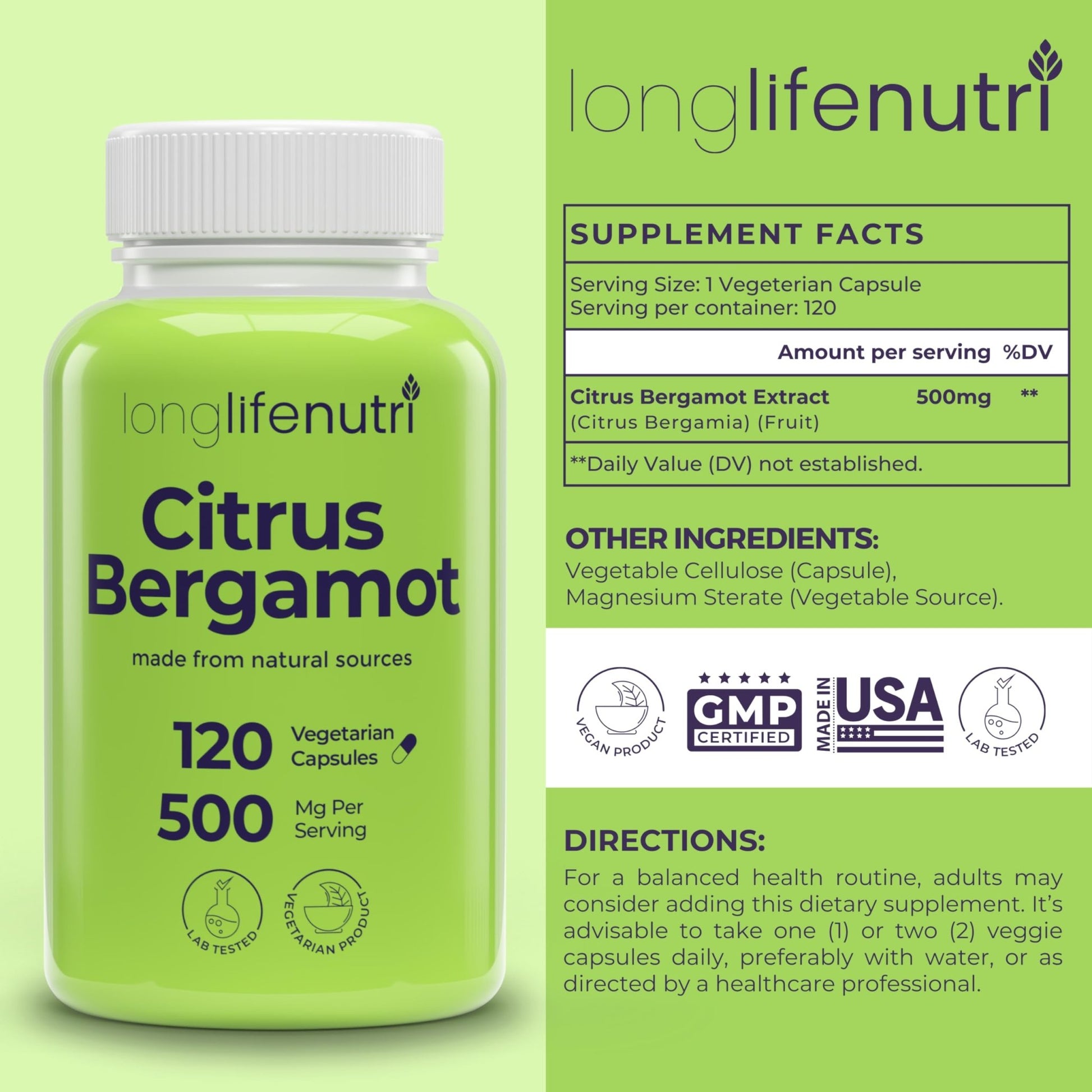 LongLifeNutri Citrus Bergamot Extract 500mg - 120 Vegetarian Capsules, 40% Polyphenolic Flavanones, 4-Month Supply, Plant-Based Anti-Oxidant, Tested, Made in USA - dailyvitalstore
