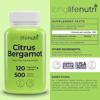 LongLifeNutri Citrus Bergamot Extract 500mg - 120 Vegetarian Capsules, 40% Polyphenolic Flavanones, 4-Month Supply, Plant-Based Anti-Oxidant, Tested, Made in USA - dailyvitalstore