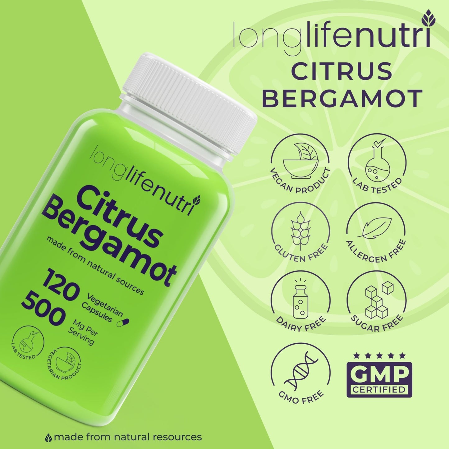 LongLifeNutri Citrus Bergamot Extract 500mg - 120 Vegetarian Capsules, 40% Polyphenolic Flavanones, 4-Month Supply, Plant-Based Anti-Oxidant, Tested, Made in USA - dailyvitalstore