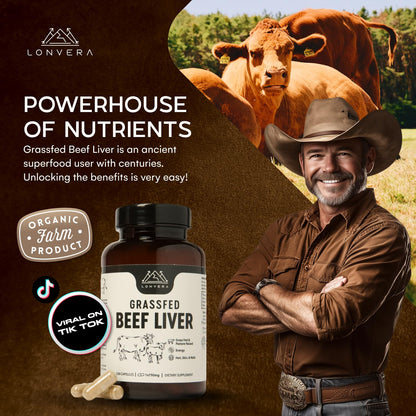 Lonvera Grass Fed Beef Liver Capsules for Women and Men – 3000mg Freeze Dried Desiccated Organs – Nutrient Source for Joints, Bones, Hair, Skin - dailyvitalstore