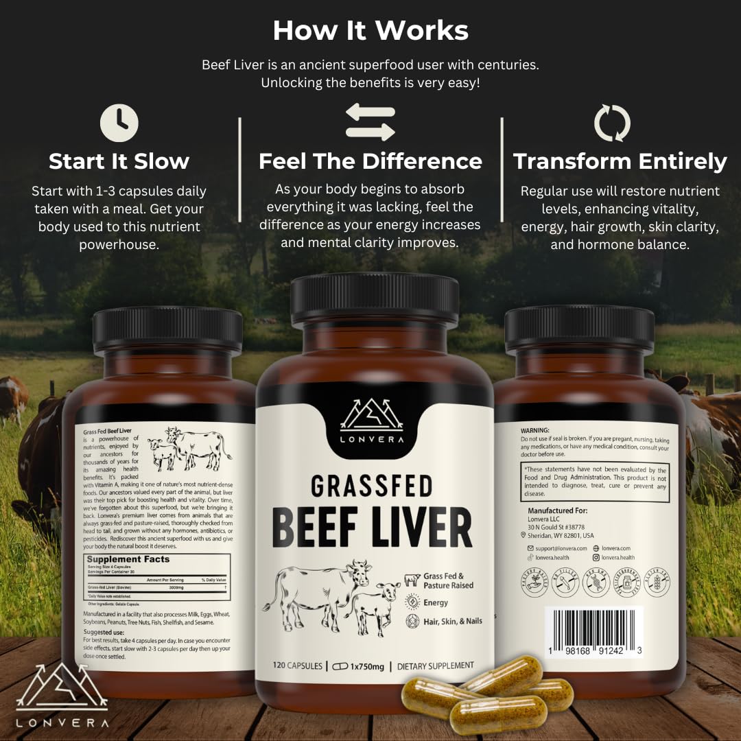 Lonvera Grass Fed Beef Liver Capsules for Women and Men – 3000mg Freeze Dried Desiccated Organs – Nutrient Source for Joints, Bones, Hair, Skin - dailyvitalstore