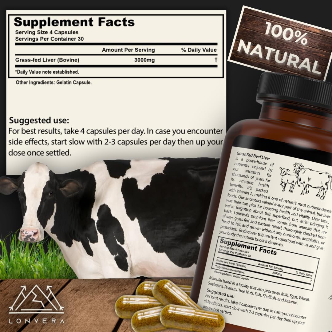 Lonvera Grass Fed Beef Liver Capsules for Women and Men – 3000mg Freeze Dried Desiccated Organs – Nutrient Source for Joints, Bones, Hair, Skin - dailyvitalstore