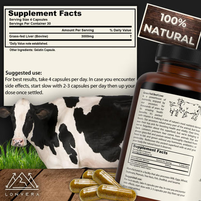 Lonvera Grass Fed Beef Liver Capsules for Women and Men – 3000mg Freeze Dried Desiccated Organs – Nutrient Source for Joints, Bones, Hair, Skin - dailyvitalstore
