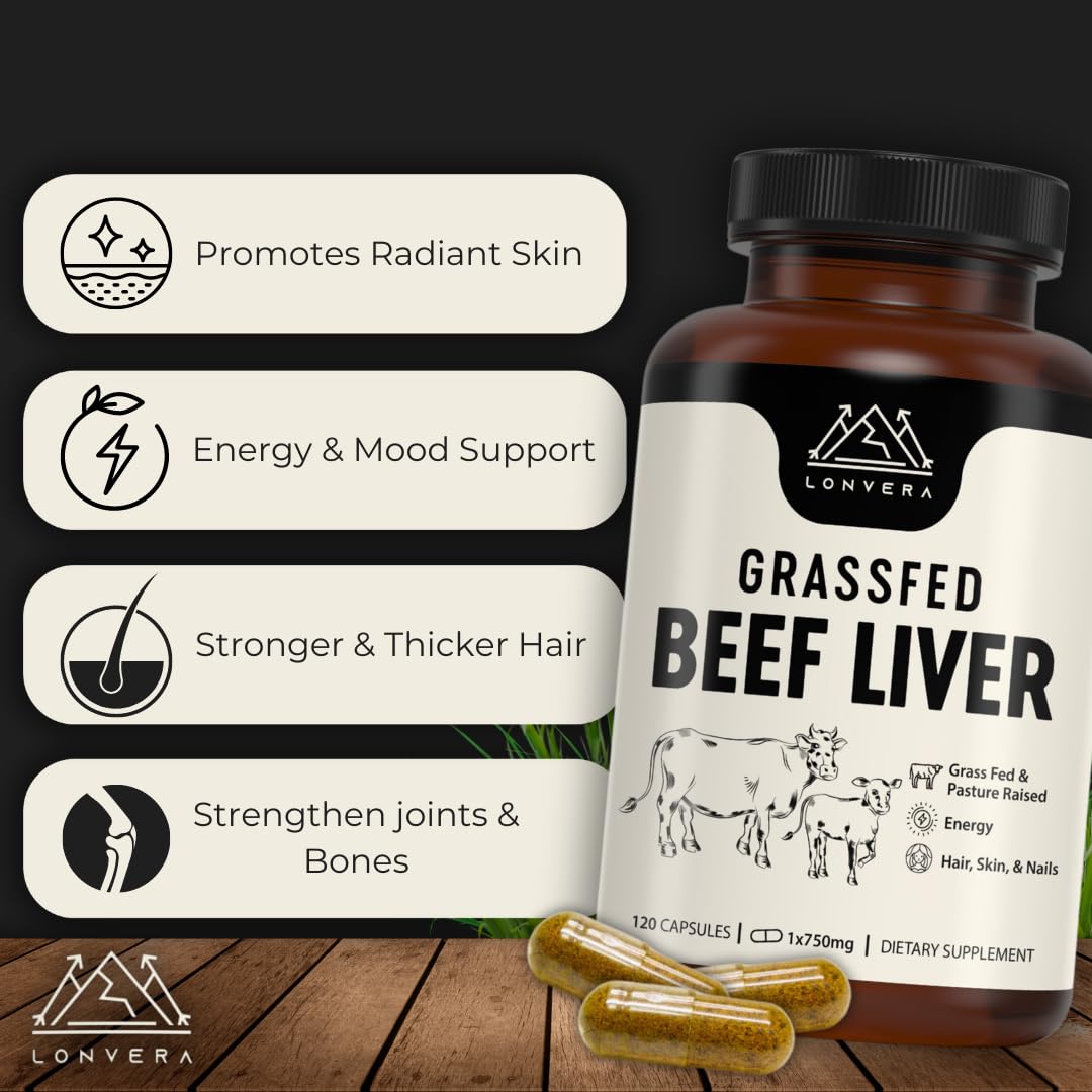 Lonvera Grass Fed Beef Liver Capsules for Women and Men – 3000mg Freeze Dried Desiccated Organs – Nutrient Source for Joints, Bones, Hair, Skin - dailyvitalstore