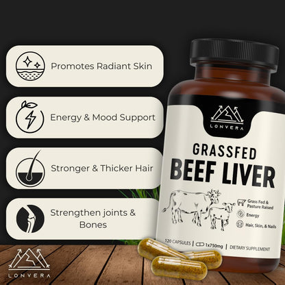 Lonvera Grass Fed Beef Liver Capsules for Women and Men – 3000mg Freeze Dried Desiccated Organs – Nutrient Source for Joints, Bones, Hair, Skin - dailyvitalstore