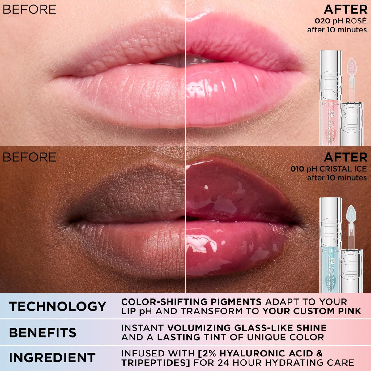 L'Oreal Paris Plump Ambition pH Hyaluron Lip Oil, Color Shifting Lip Tint with 24HR Hydration, Volumizing Shine and Lasting Color, 090 pH Berry Noir - dailyvitalstore